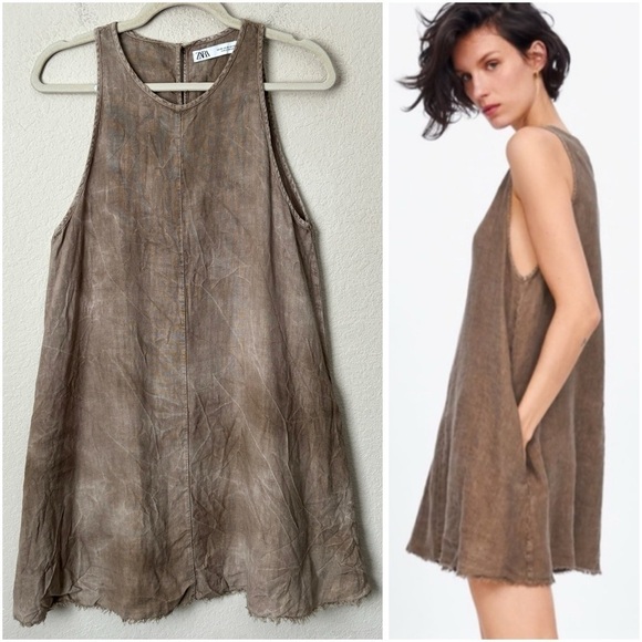 Zara Dresses & Skirts - Zara Linen Crinkled Sleeveless Relaxed Mini Dress Boho Neutral Beachy Lagenlook